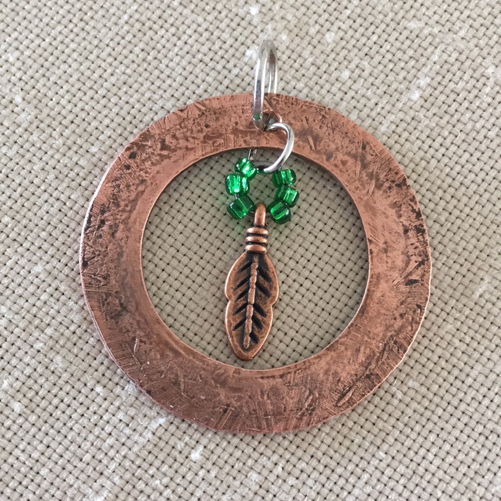 Hand Crafted Copper Boho Pendant Feather Charm Green Beads